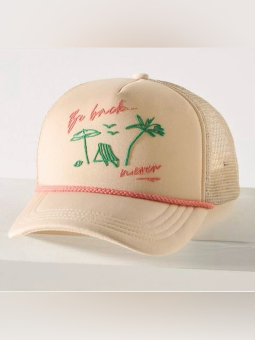 Anthropologie Cream Cap with Pink Rope and Green Embroidery